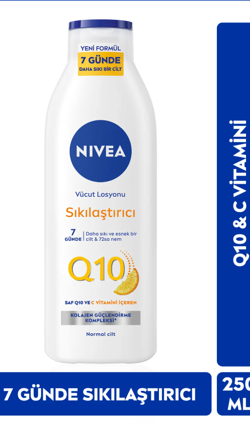 NIVEA Q10 7 Günde Sıkılaştırıcı Vücut Bakım Losyonu 250ml, C Vitamini, Kolajen, 72 Saat Nemlendirici